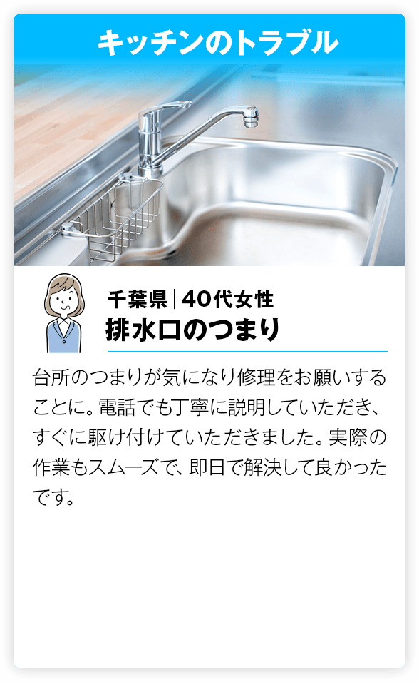  キッチンのトラブル 台所の詰まりが気になり修理をお願いすることに。電話でも丁寧に説明していただき、すぐに駆け付けていただきました。実際の作業もスムーズで、即日で解決して良かったです。